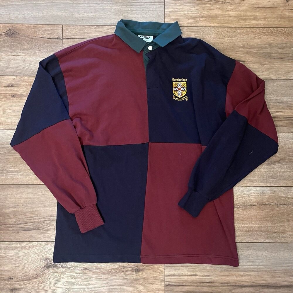 Y2K Front Row Cambridge University Rugby Shirt Maroon Navy Long Sleeve Polo XL